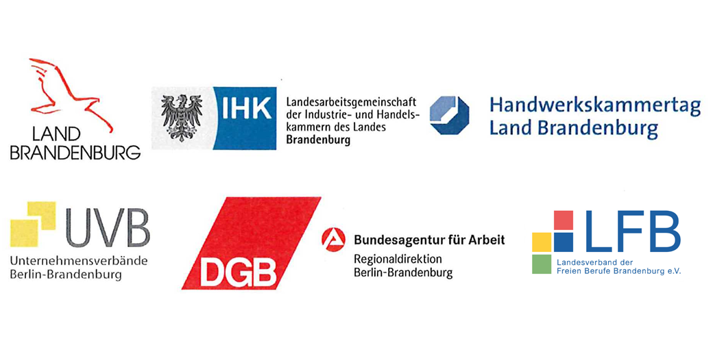 Beteiligt sind die Landesregierung mit dem Ministerpräsidenten und dem federführenden Arbeitsministerium, dem Ministerium für Arbeit, Soziales, Gesundheit und gesellschaftlichen Zusammenhalt und dem Ministerium für Bildung, Jugend und Sport, dem Ministerium für Land- und Ernährungswirtschaft, Umwelt und Verbraucherschutz sowie die Regionaldirektion Berlin-Brandenburg der Bundesagentur für Arbeit,  die Industrie- und Handelskammern (IHK), die Handwerkskammern (HWK), der Deutsche Gewerkschaftsbund (DGB), die Unternehmensverbände Berlin-Brandenburg (UVB) und der Landesverband der Freien Berufe Brandenburg (LFB).