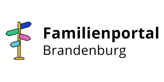 Ein stilisierter Wegweiser steht nebem dem Schriftzug Familienportal Brandenburg