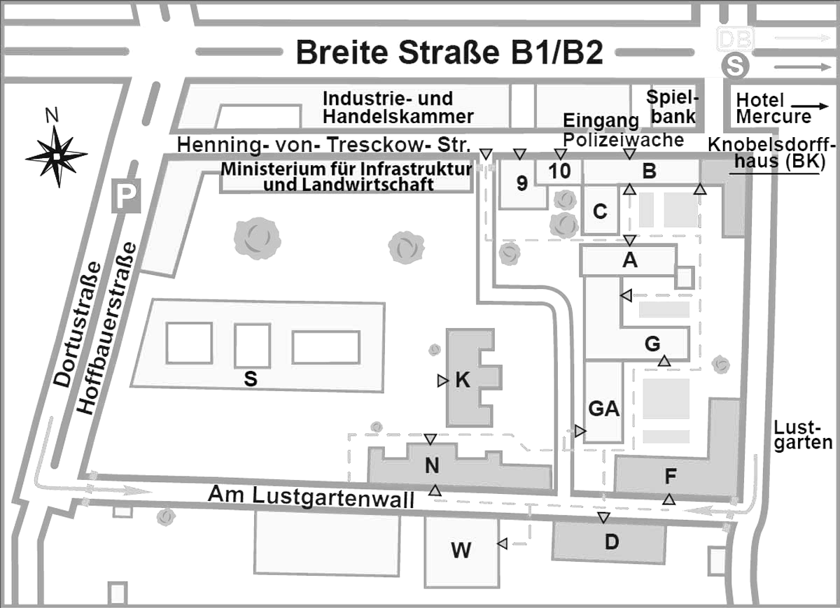 Das ist der Lageplan vom Ministerium für Gesundheit und Soziales des Landes Brandenburg. Er zeigt auf einer Karte den Standort des Ministeriumsgebäude in der Stadt Potsdam an. Die Karte zeigt einen Ausschnitt im Bereich Breite Straße B1/B2, Dortustraße und Am Lustgartenwall.
